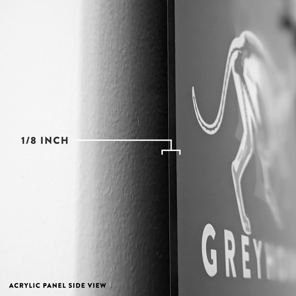 Acrylic panel side view with a measurement label and 'GREY' branding.